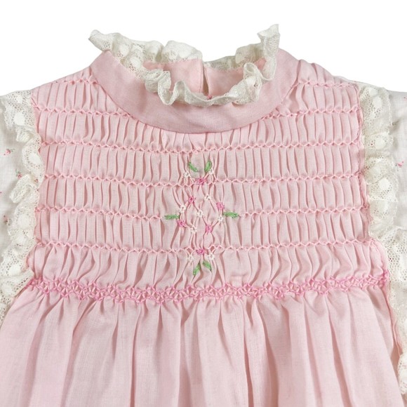 Vtg Hand Smocked Dress 24 Mo. Polly Flinders Calico w Pink Apron Lace 3/4 Sleeve - Picture 2 of 12